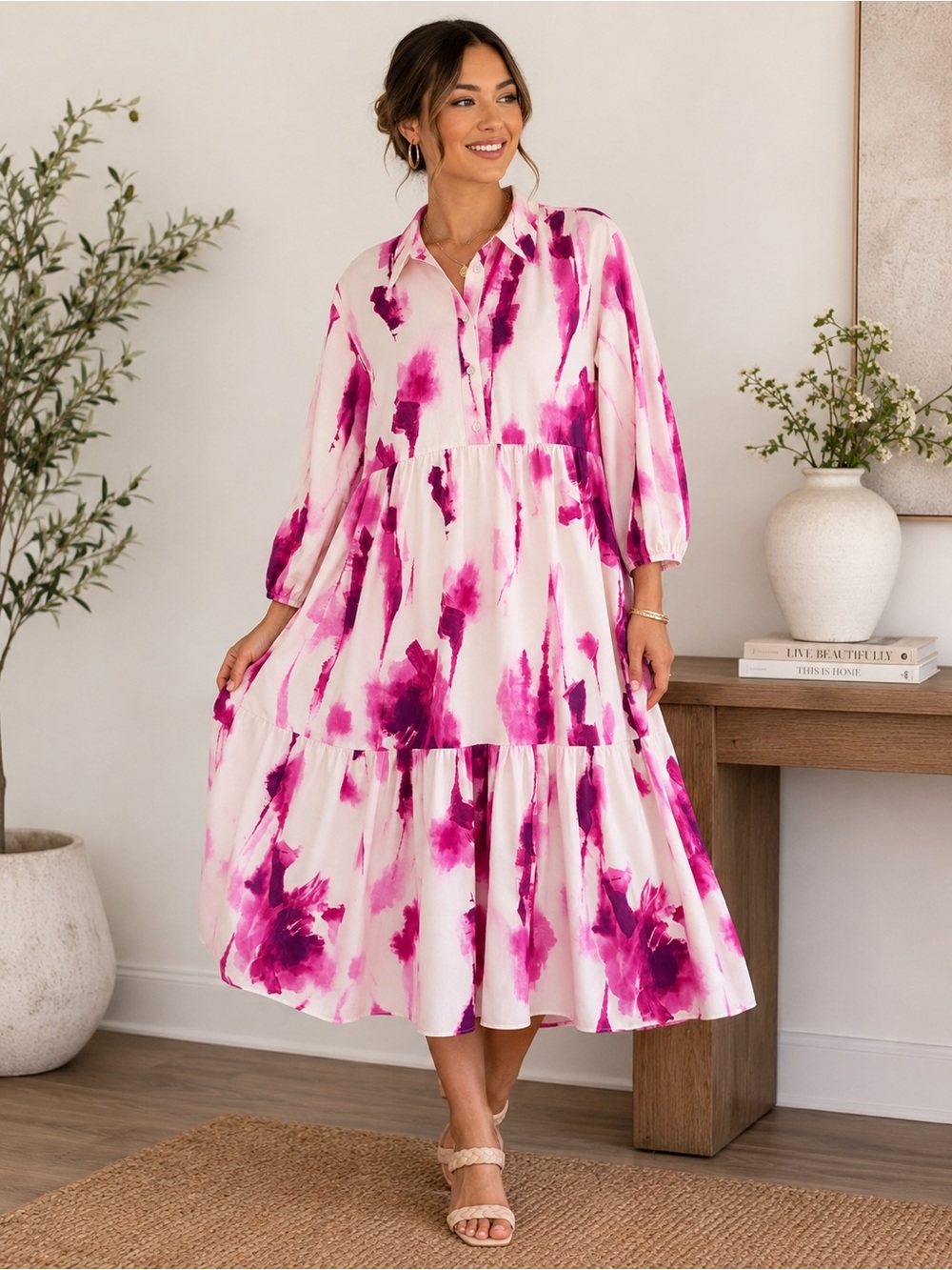 Anthropologie Pink Watercolor Floral Midi Shirt Dress - 100% Cotton - Picture 1 of 4